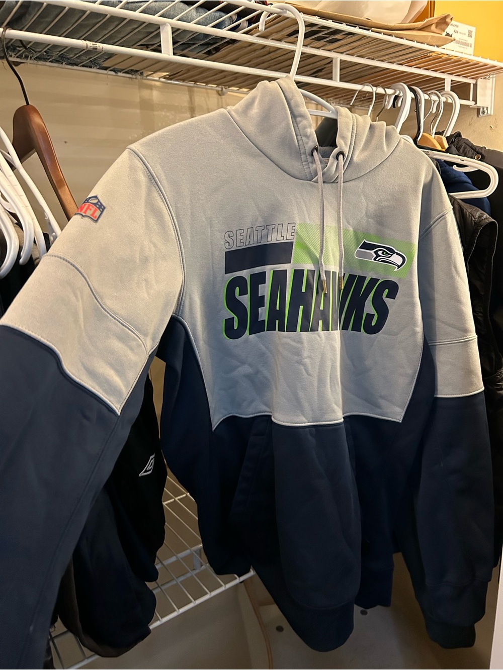 NFL Seattle Seahawks Gray and Navy Crewneck Hoodie with Neon Green Accent